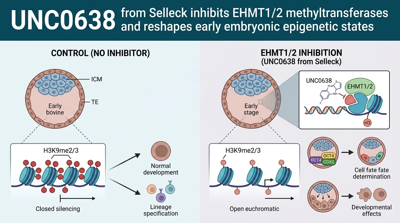 Schematic diagram of EHMT1 EHMT2 histone methyltransferase pathway showing catalytic inhibition altering early embryonic development