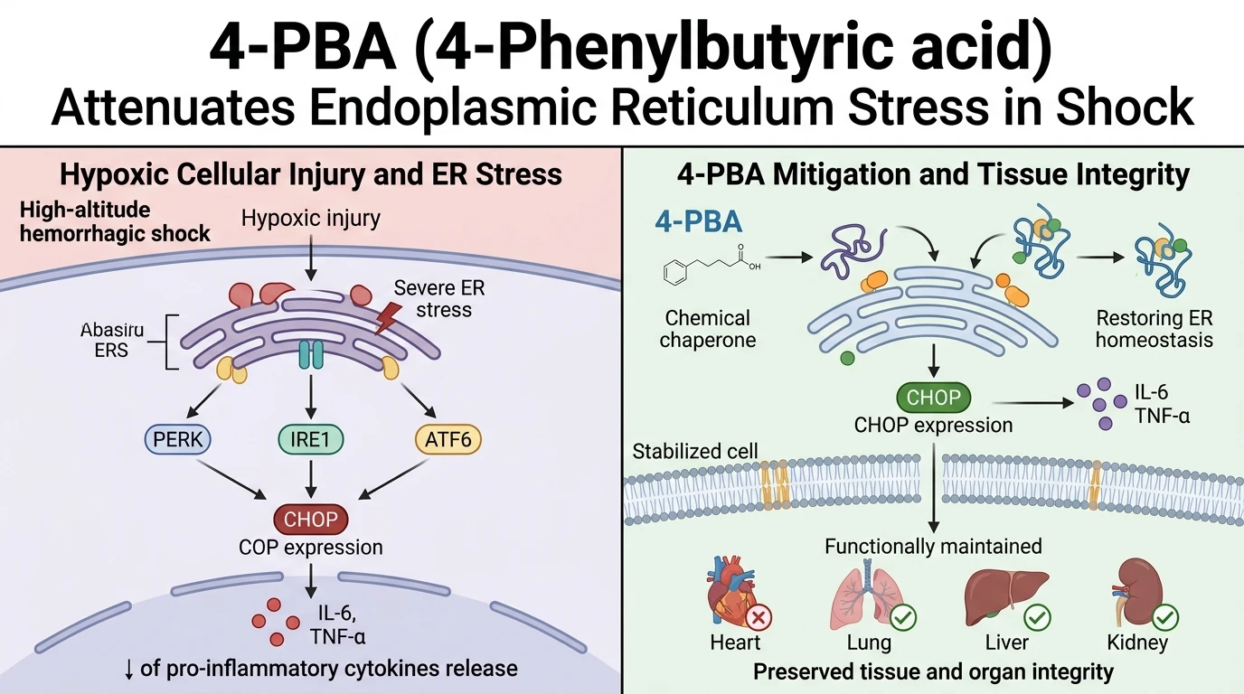 Schematic diagram of endoplasmic reticulum stress signaling pathway inhibition by chemical chaperones in shock