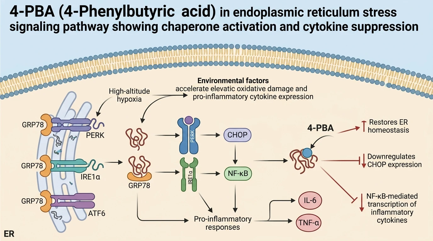 4-PBA in endoplasmic reticulum stress signaling pathway showing chaperone activation and cytokine suppression