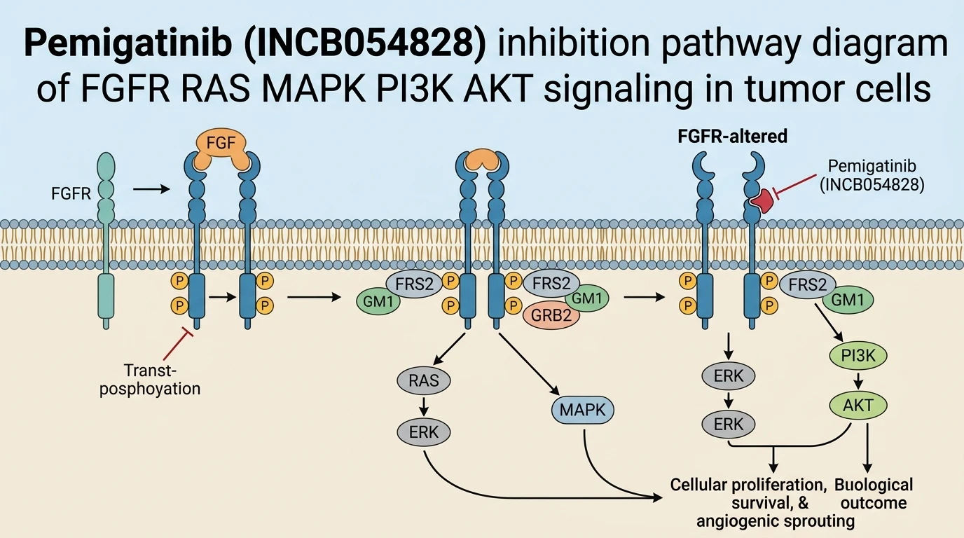 Pemigatinib INCB054828 inhibition pathway diagram of FGFR RAS MAPK PI3K AKT signaling in tumor cells