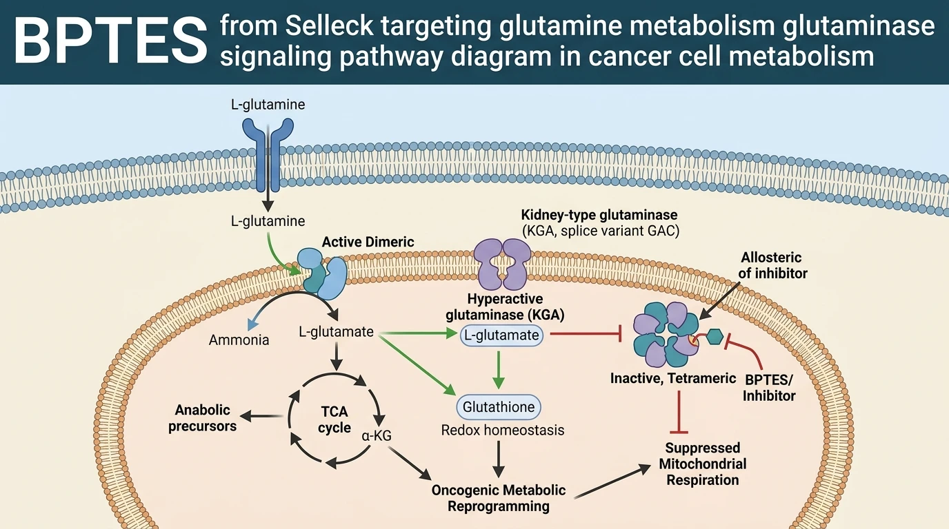 BPTES from Selleck targeting glutamine metabolism glutaminase signaling pathway diagram in cancer cell metabolism