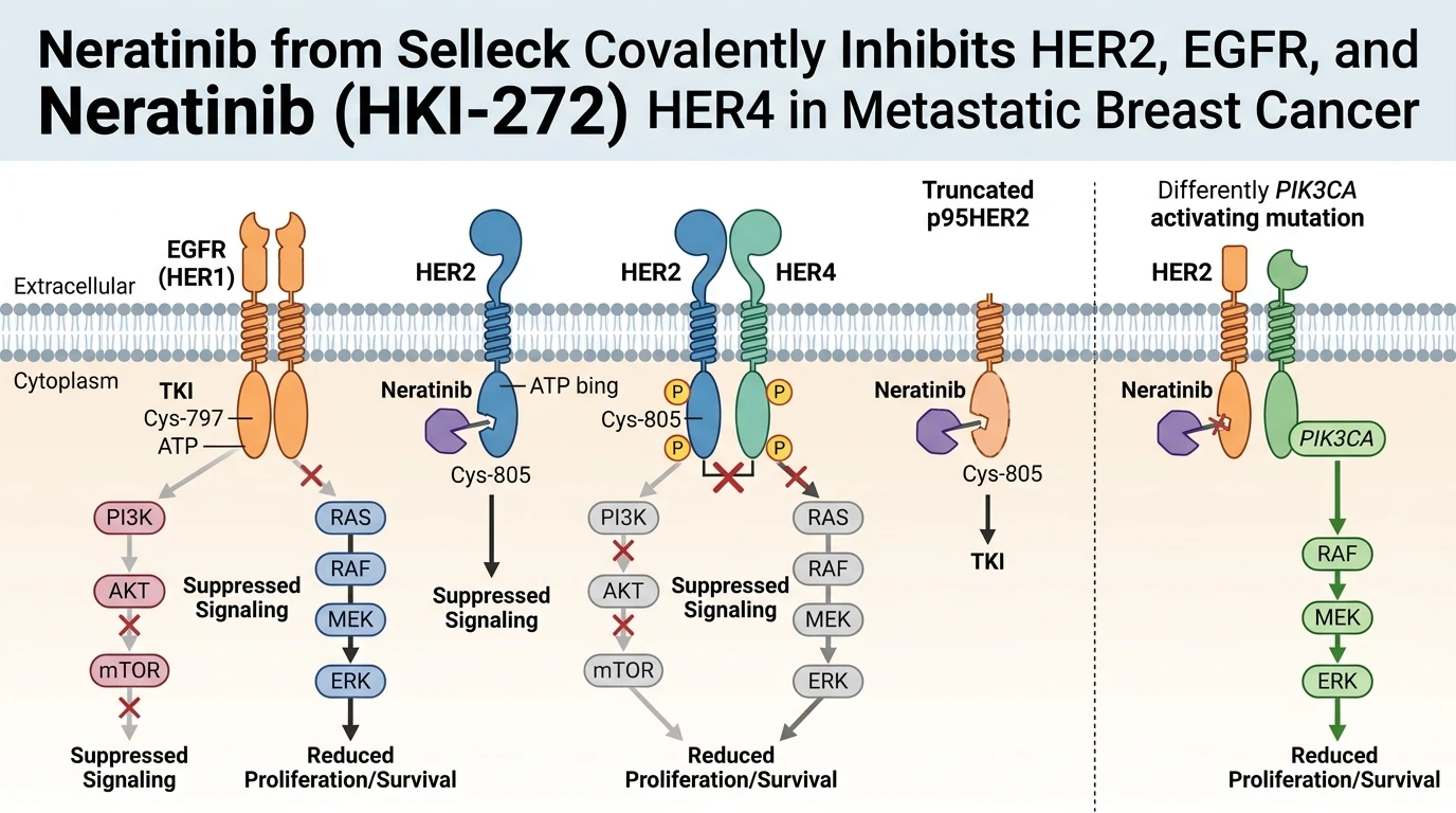 Schematic diagram of HER2 ErbB receptor signaling pathway inhibition in metastatic breast cancer