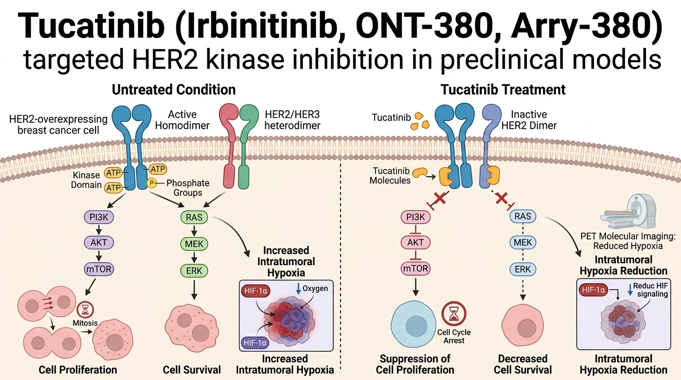 Schematic diagram of HER2 ERBB2 signaling pathway in breast cancer cells demonstrating tucatinib kinase inhibition