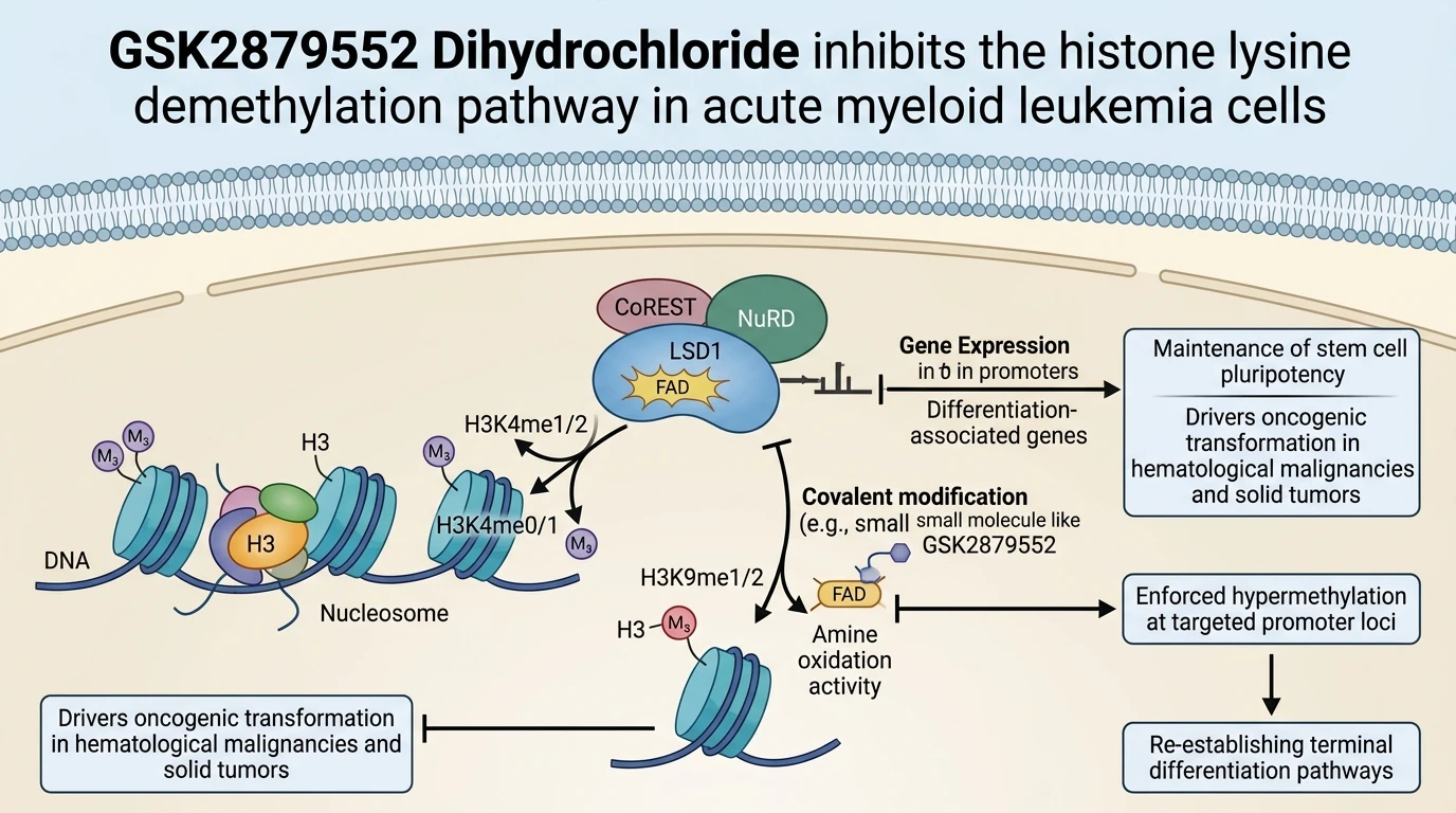 GSK2879552 Dihydrochloride inhibits the histone lysine demethylation pathway in acute myeloid leukemia cells