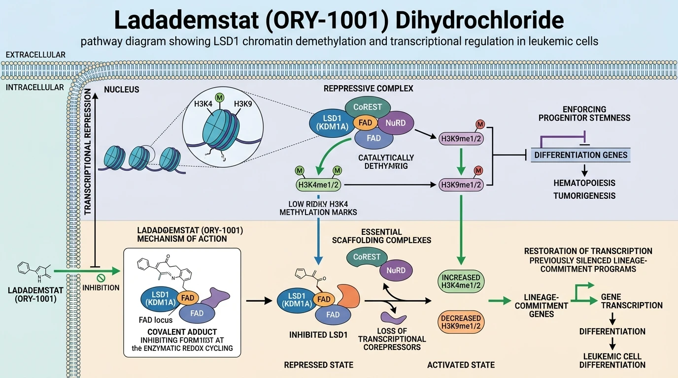 Ladademstat ORY-1001 Dihydrochloride pathway diagram showing LSD1 chromatin demethylation and transcriptional regulation in leukemic cells