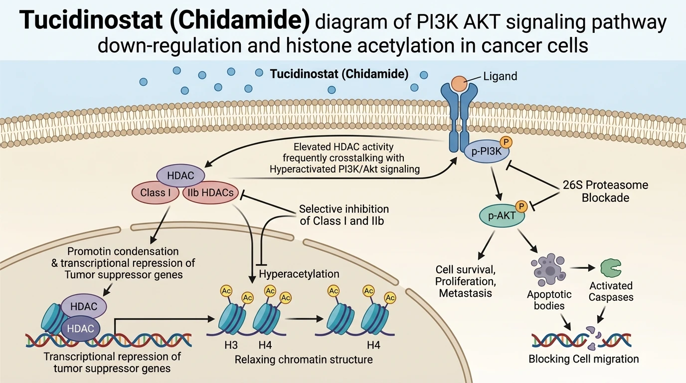 Tucidinostat Chidamide diagram of PI3K AKT signaling pathway down-regulation and histone acetylation in cancer cells