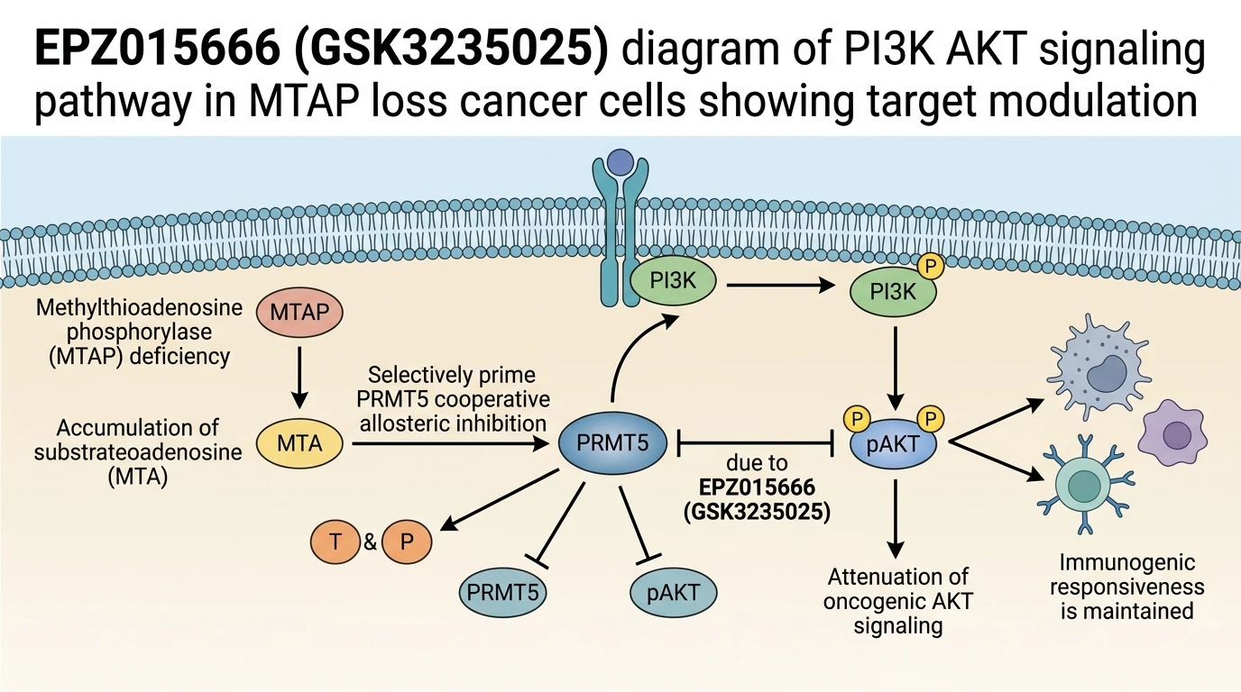 EPZ015666 GSK3235025 diagram of PI3K AKT signaling pathway in MTAP loss cancer cells showing target modulation