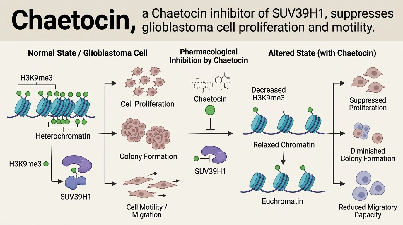 Schematic diagram of SUV39H1 histone H3K9 trimethylation pathway inhibition in glioblastoma cells